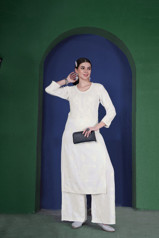 Regal Threads: Graceful Lucknowi Kurti Pant Ensembles in Luxurious Heavy Rayon