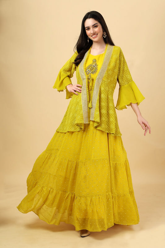 Yellow gown with designer jacket