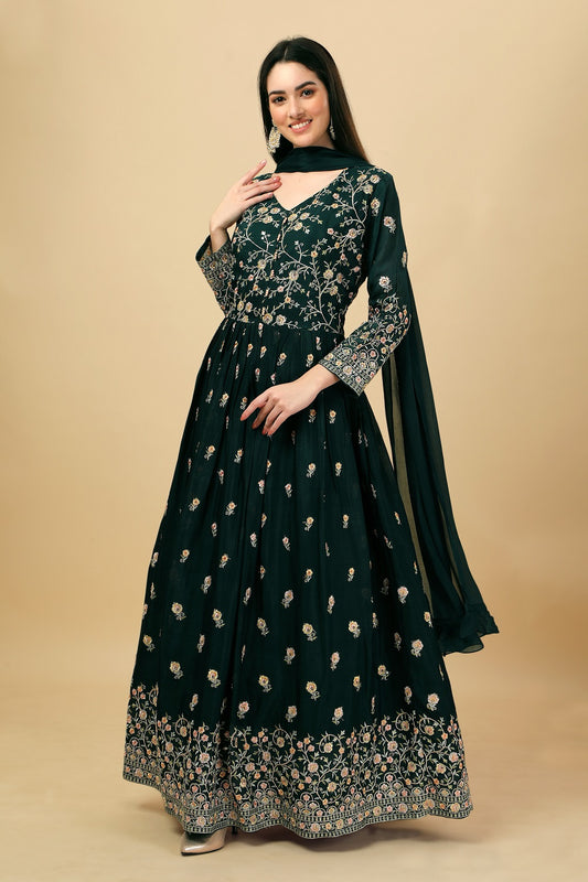 Bottle green floral gown in georgette fabric