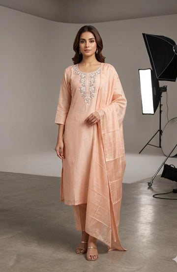 Peach Pure Silk Handwork 3 Piece Kurti Pant Dupatta Set for Women | Designer Ethnic Wear