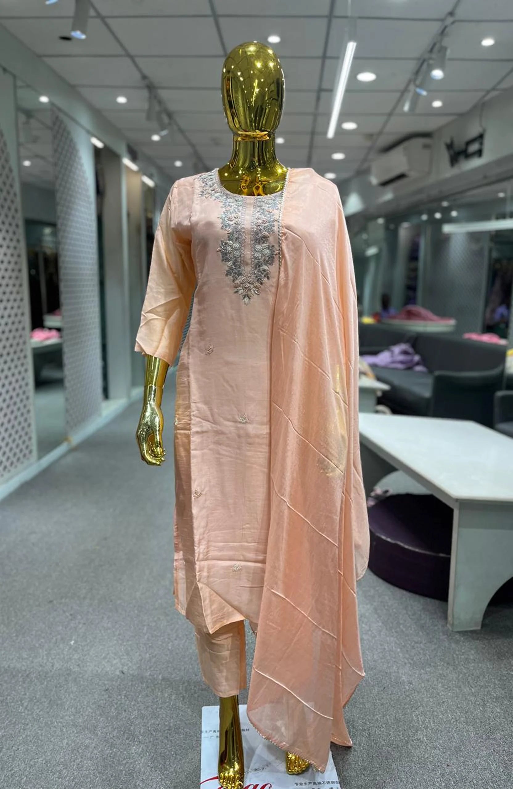 Peach Pure Silk Handwork 3 Piece Kurti Pant Dupatta Set for Women | Designer Ethnic Wear
