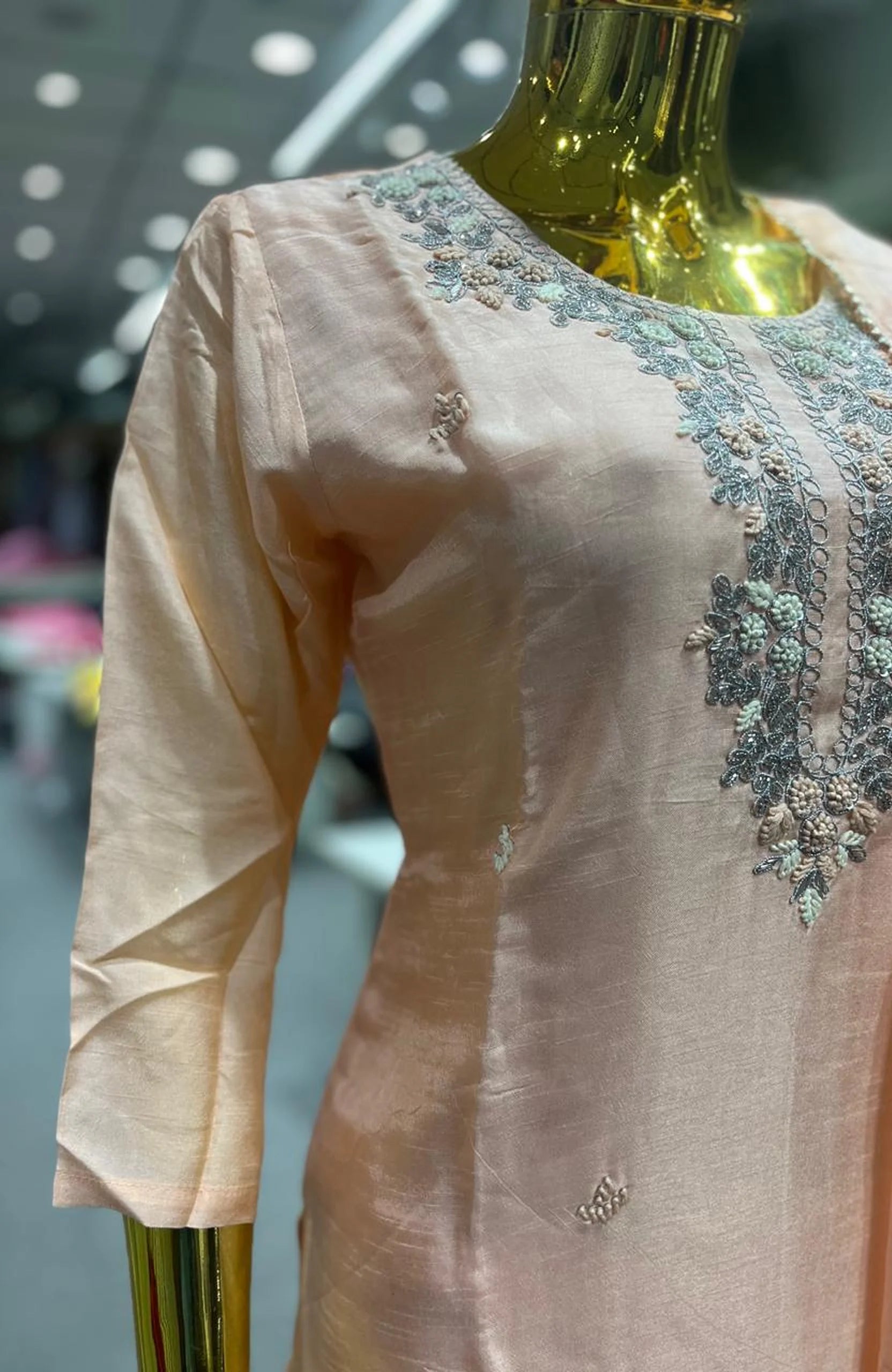 Peach Pure Silk Handwork 3 Piece Kurti Pant Dupatta Set for Women | Designer Ethnic Wear