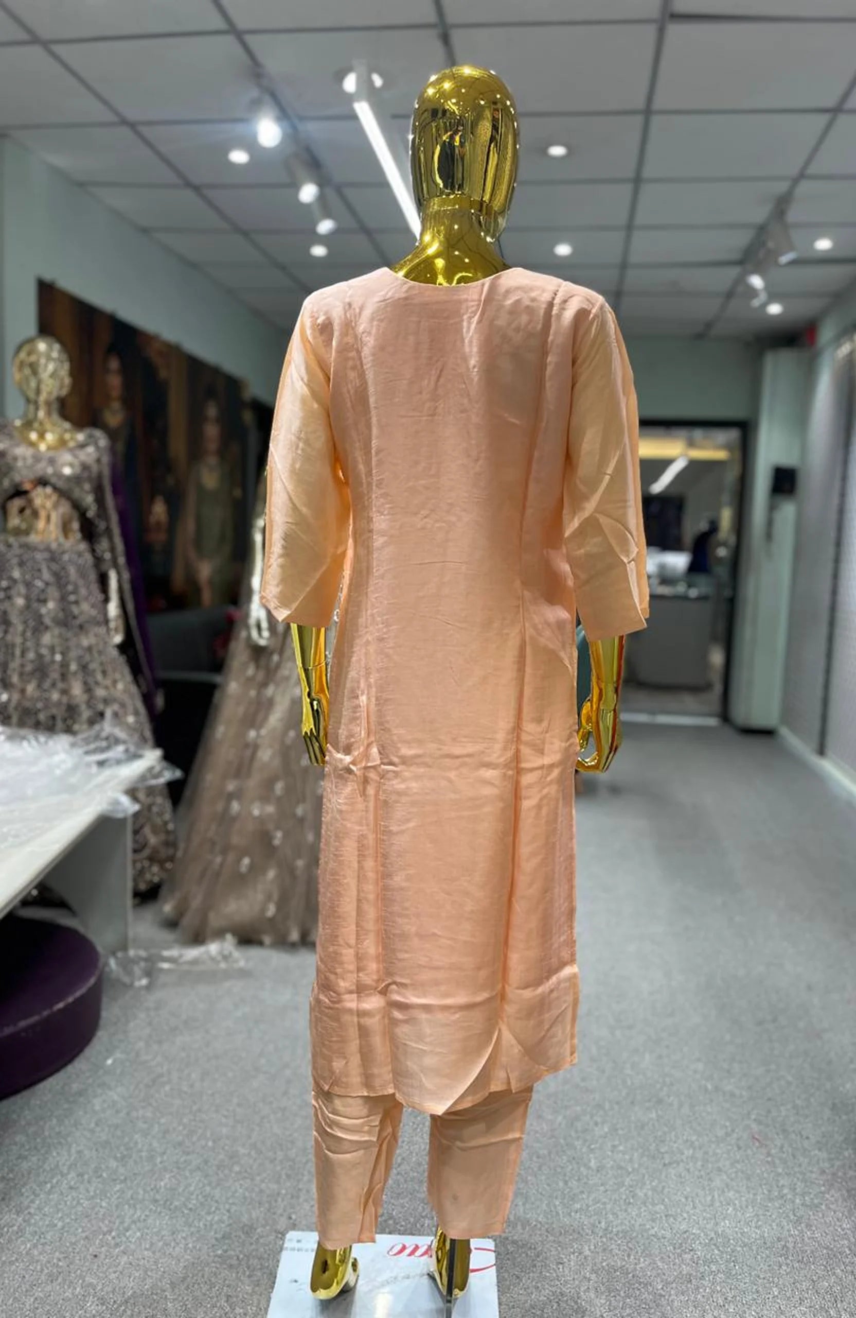 Peach Pure Silk Handwork 3 Piece Kurti Pant Dupatta Set for Women | Designer Ethnic Wear