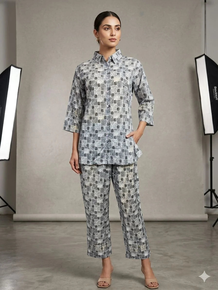 Grey Silk Handwork 2 Piece Cord Set for Women | Premium Designer Co-Ord Set