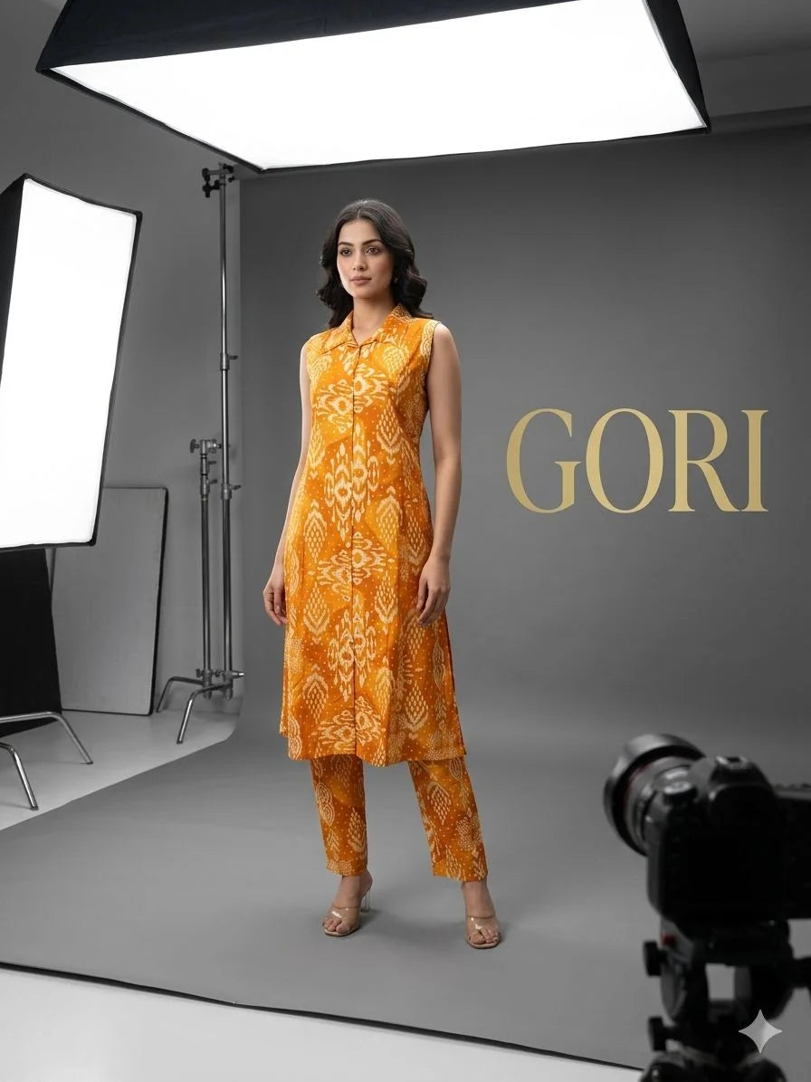 Mustard Yellow Cotton Printed A-Line Two Piece Co-ord Set for Women | Designer Ethnic WearMustard Yellow Cotton Printed A-Line Two Piece Co-ord Set for Women | Designer Ethnic Wear