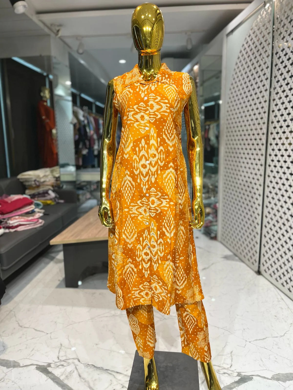 Mustard Yellow Cotton Printed A-Line Two Piece Co-ord Set for Women | Designer Ethnic WearMustard Yellow Cotton Printed A-Line Two Piece Co-ord Set for Women | Designer Ethnic Wear