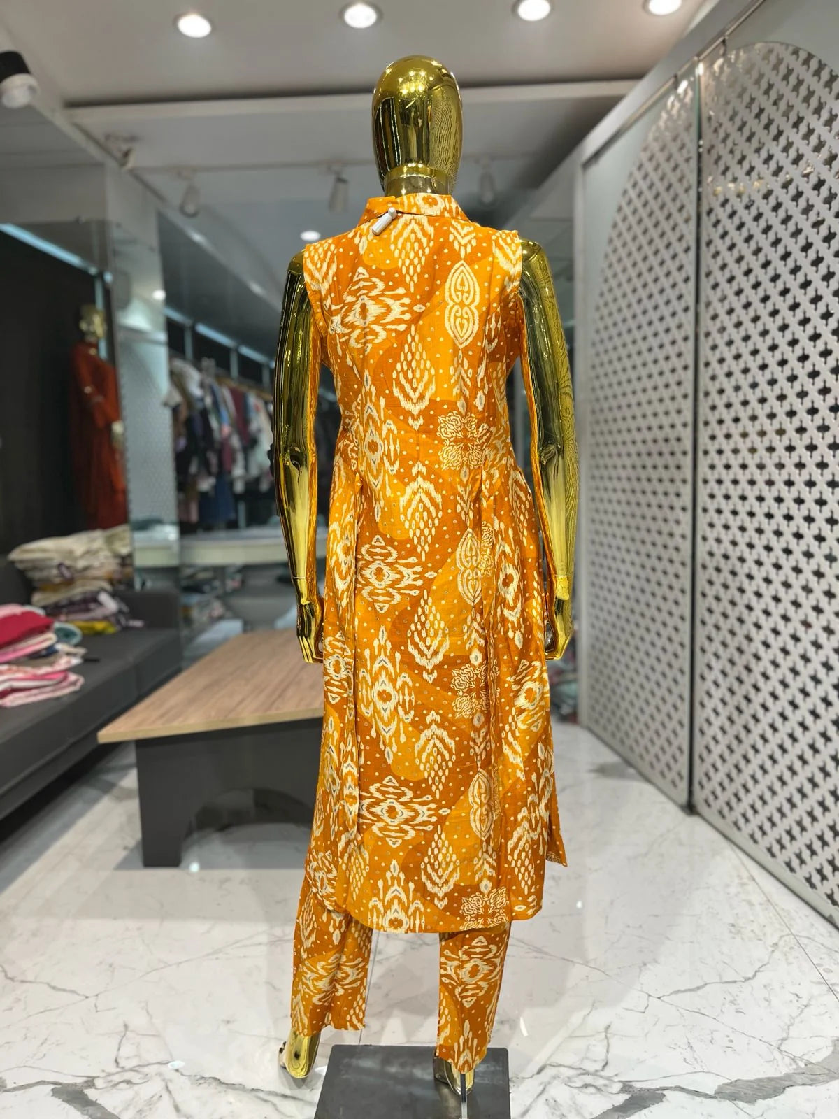 Mustard Yellow Cotton Printed A-Line Two Piece Co-ord Set for Women | Designer Ethnic WearMustard Yellow Cotton Printed A-Line Two Piece Co-ord Set for Women | Designer Ethnic Wear