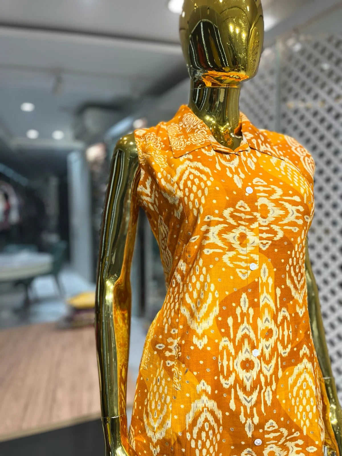 Mustard Yellow Cotton Printed A-Line Two Piece Co-ord Set for Women | Designer Ethnic WearMustard Yellow Cotton Printed A-Line Two Piece Co-ord Set for Women | Designer Ethnic Wear