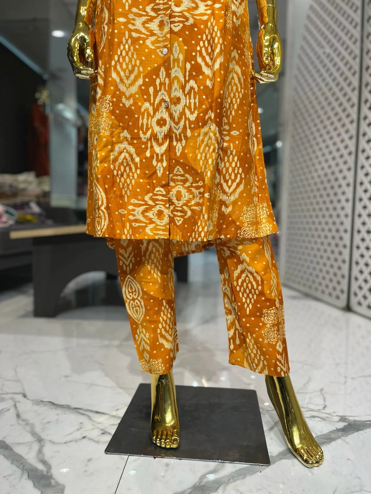 Mustard Yellow Cotton Printed A-Line Two Piece Co-ord Set for Women | Designer Ethnic WearMustard Yellow Cotton Printed A-Line Two Piece Co-ord Set for Women | Designer Ethnic Wear