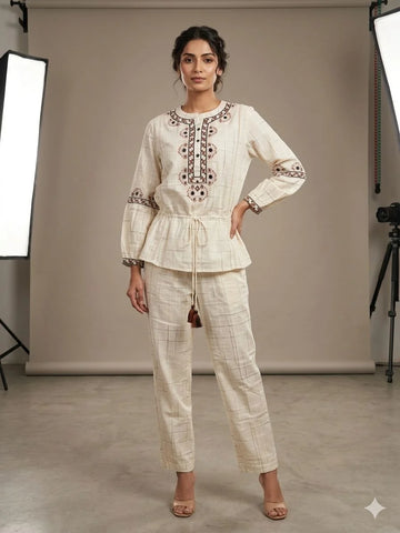 Cream Pure Cotton Embroidery Work 2 Piece Cord Set for Women | Designer Ethnic Co-Ord Set