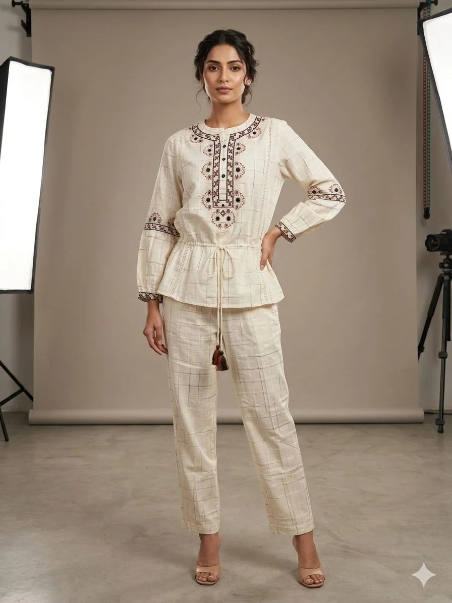 Cream Pure Cotton Embroidery Work 2 Piece Cord Set for Women | Designer Ethnic Co-Ord Set