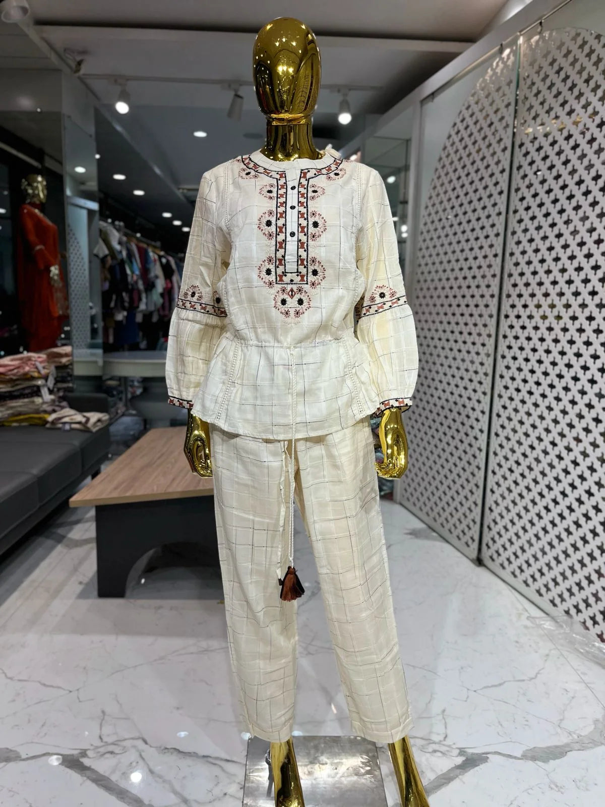 Cream Pure Cotton Embroidery Work 2 Piece Cord Set for Women | Designer Ethnic Co-Ord Set