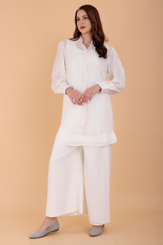 Opulent Elegance: White Cord Set with Seven Sequin Splendor