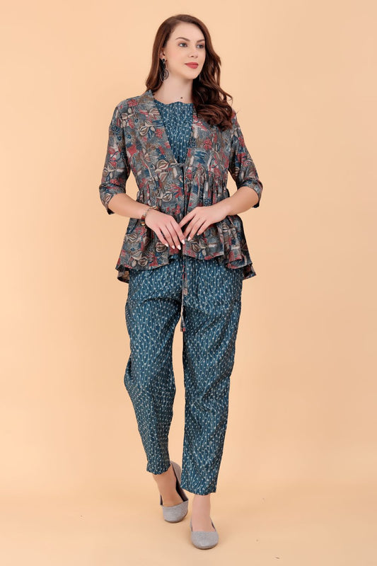 Chic Radiance: Muslin Print Ensemble with Elegant Jacket Accent