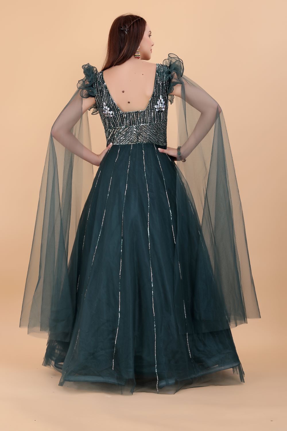 Long Flairy Gown Adorned with Hand and Sequin Work