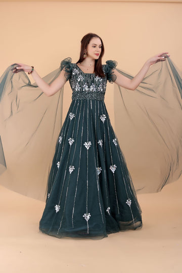 Long Flairy Gown Adorned with Hand and Sequin Work