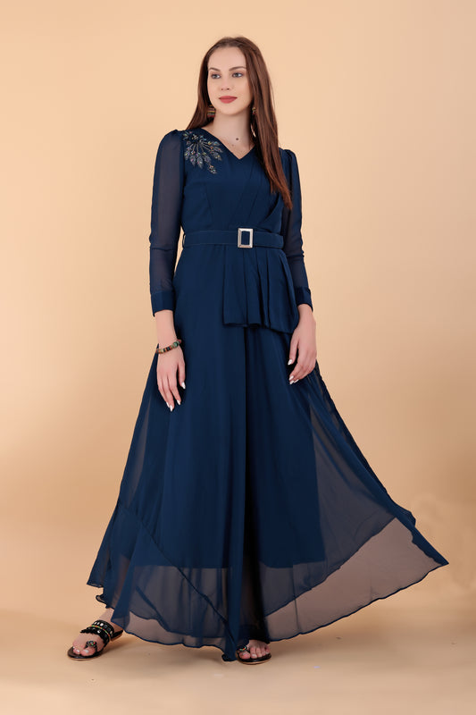 Elegant looking turkish blue party wear decent gown