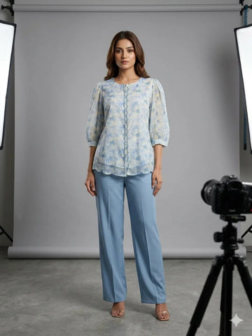Sky Blue Western Hand Touch 2 Piece Cord Set for Women | Designer Co-ord Set