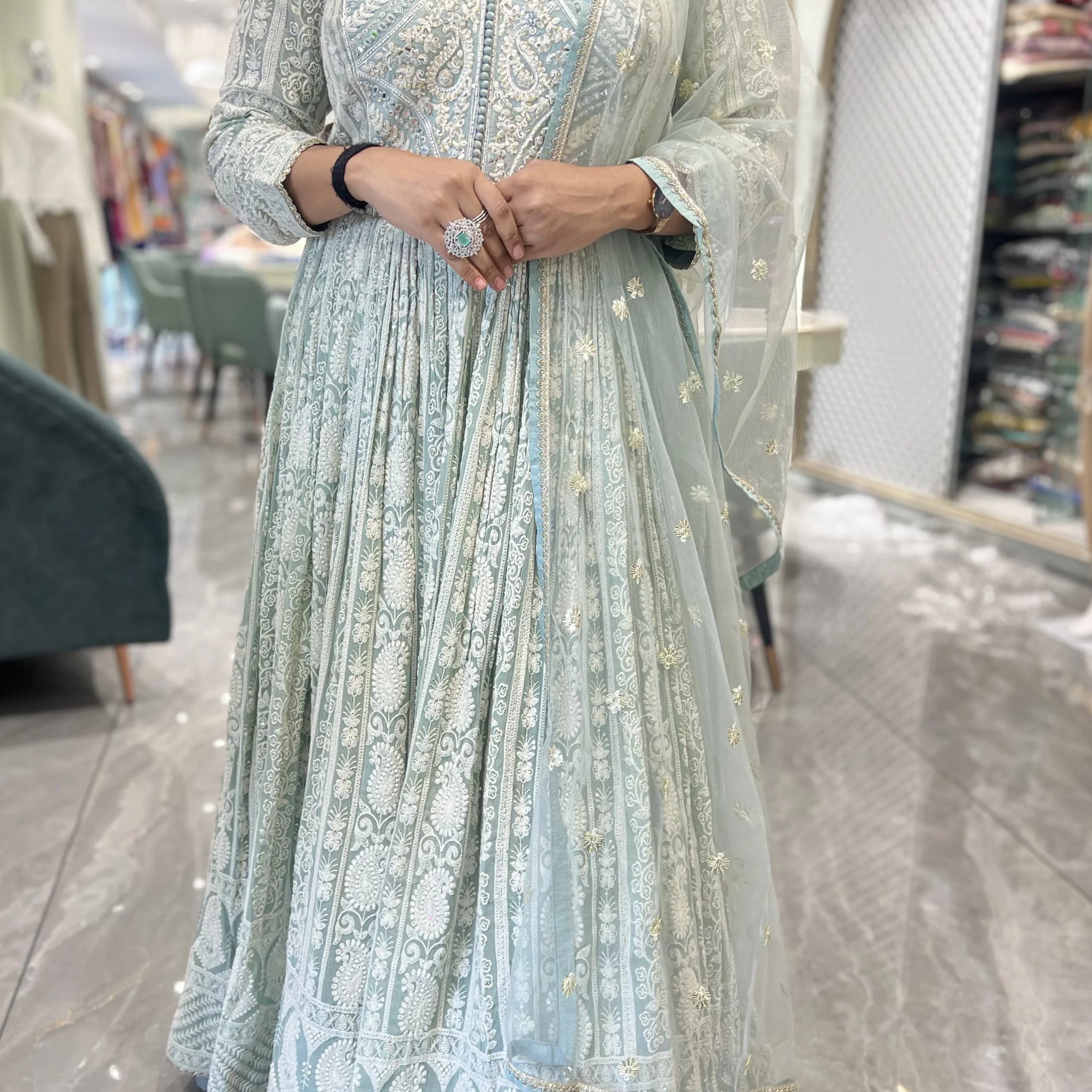 Seafoam Green Mirror Work Georgette Gown - ADGORI MIX-1