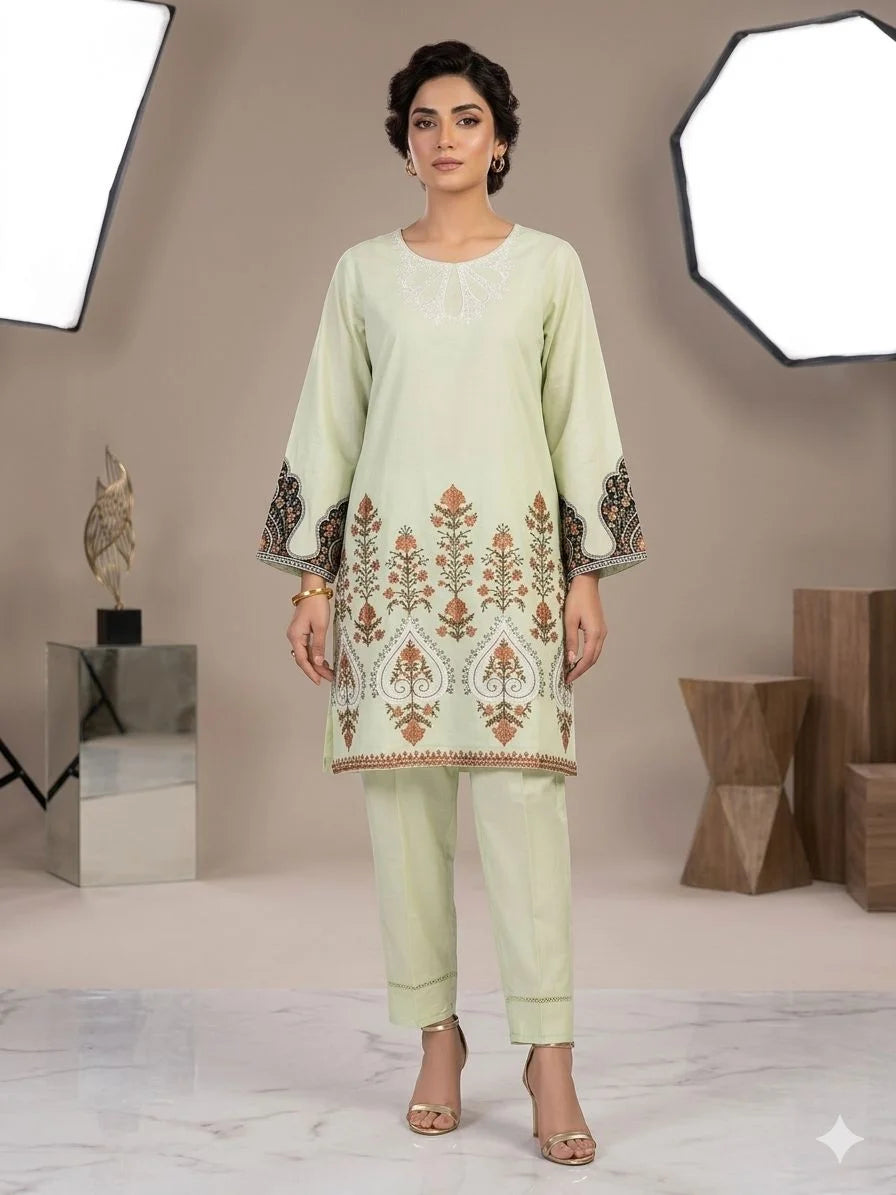 Green & Purple Pure Cotton Embroidered 2 Piece Cord Set for Women | Designer Ethnic Wear