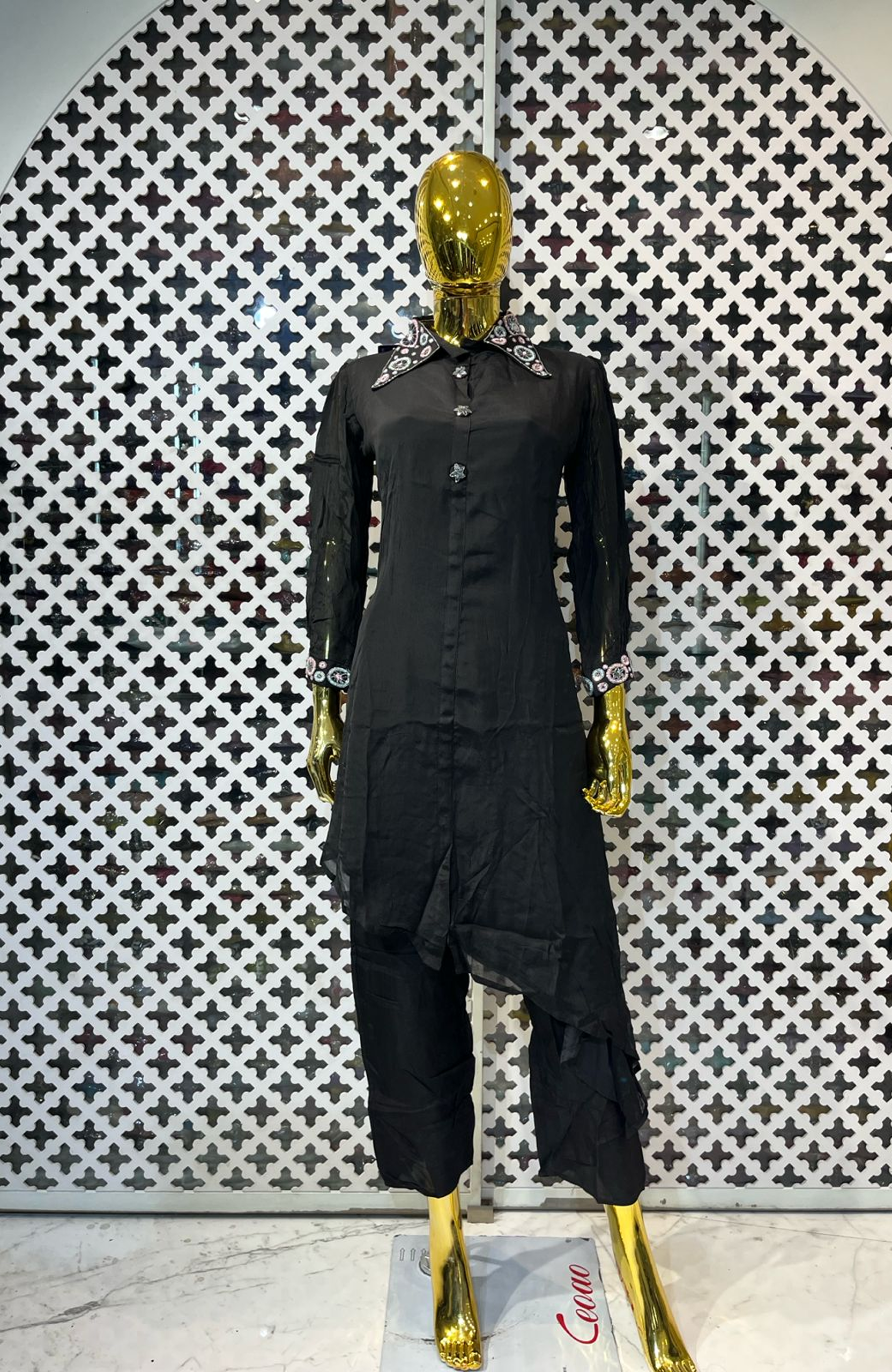 Black Pure Chinon Hand Work Co-Ord Set for Women | Designer Asymmetrical Cord Set