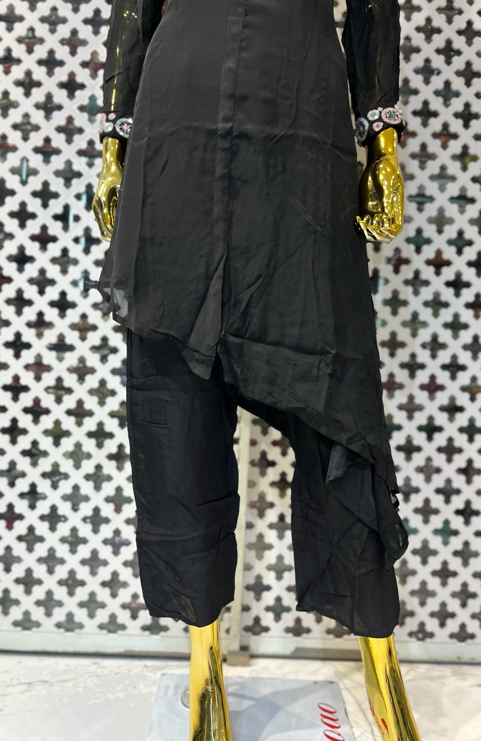 Black Pure Chinon Hand Work Co-Ord Set for Women | Designer Asymmetrical Cord Set