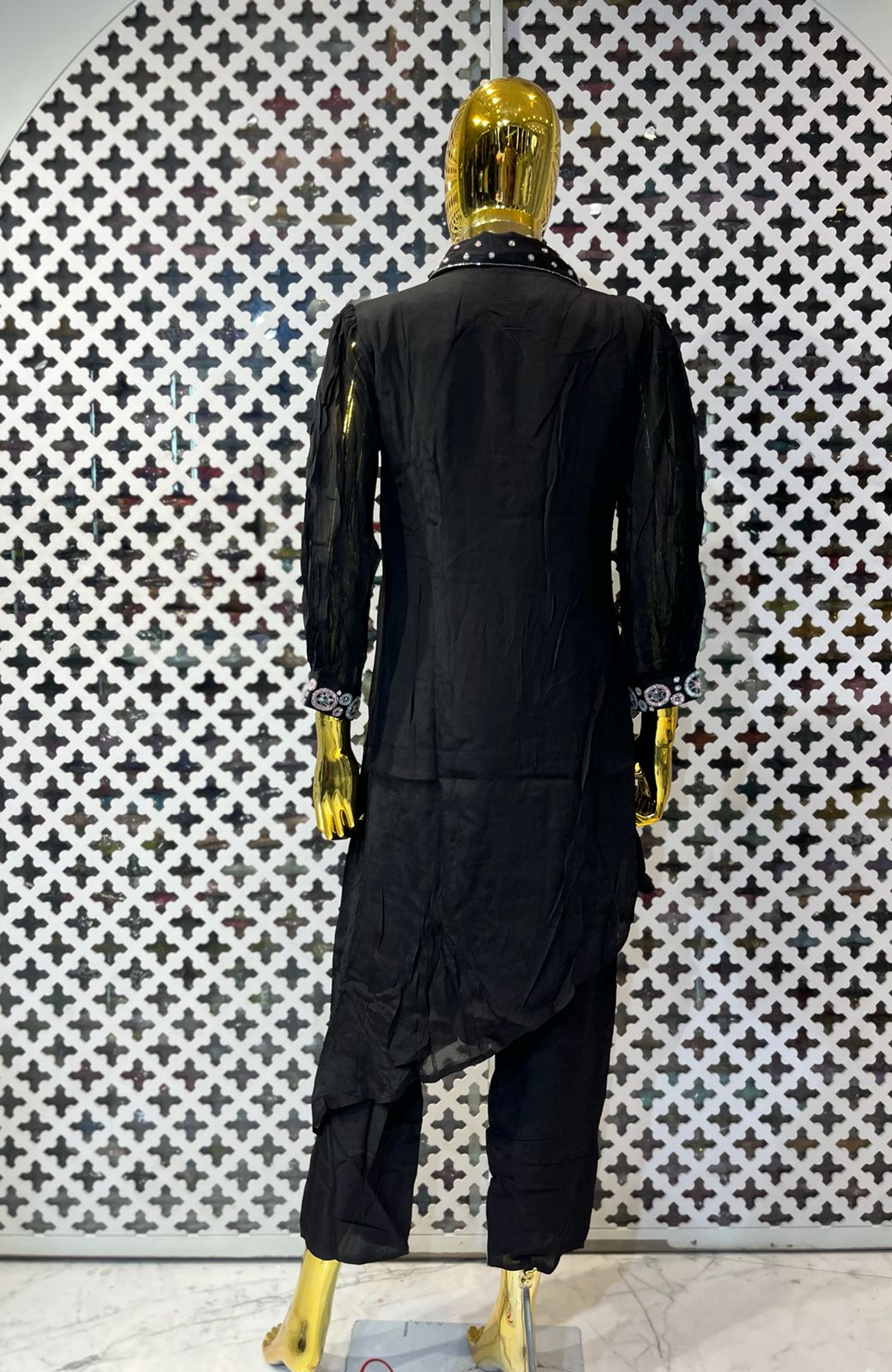 Black Pure Chinon Hand Work Co-Ord Set for Women | Designer Asymmetrical Cord Set