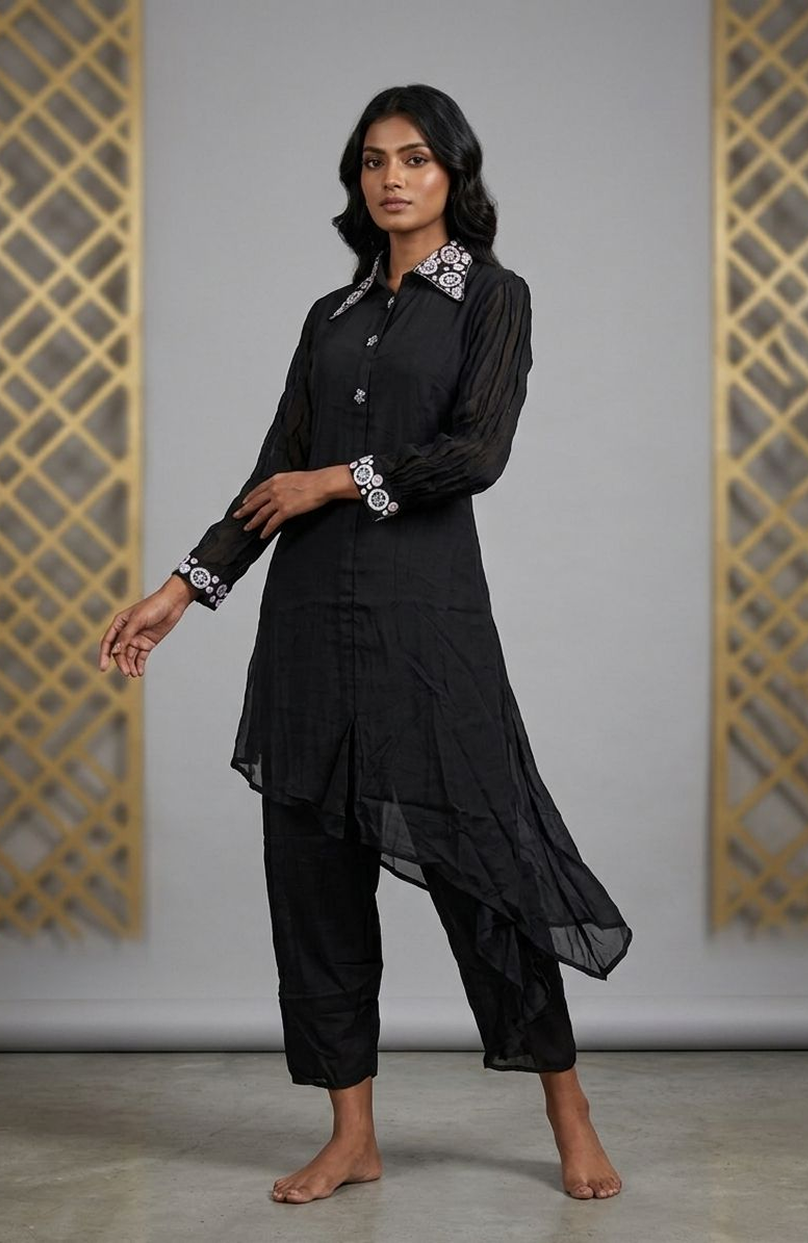 Black Pure Chinon Hand Work Co-Ord Set for Women | Designer Asymmetrical Cord Set