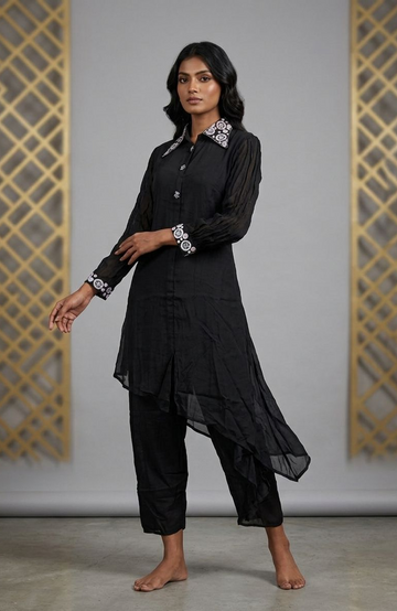 Black Pure Chinon Hand Work Co-Ord Set for Women | Designer Asymmetrical Cord Set