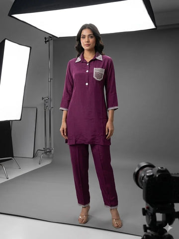 Wine & Black Pure Chinon Handwork 2 Piece Cord Set for Women | Designer Ethnic Co-ord Set