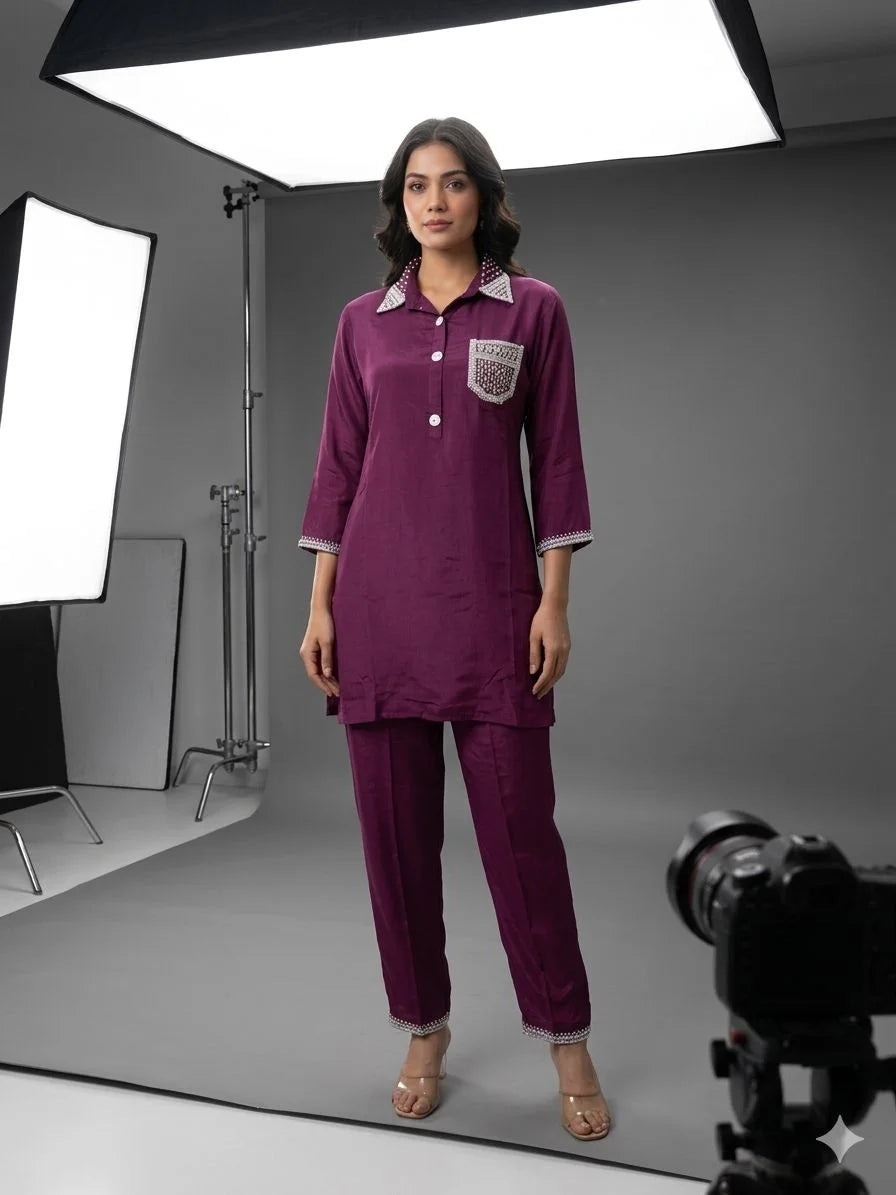 Wine & Black Pure Chinon Handwork 2 Piece Cord Set for Women | Designer Ethnic Co-ord Set