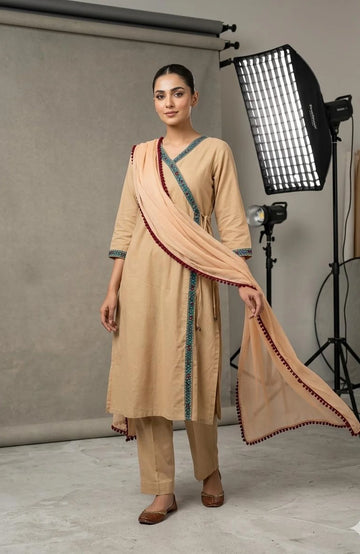 Peach Jute Cotton Angrakha Pattern 3 Piece Kurti Pant Dupatta Set for Women | Ethnic Wear