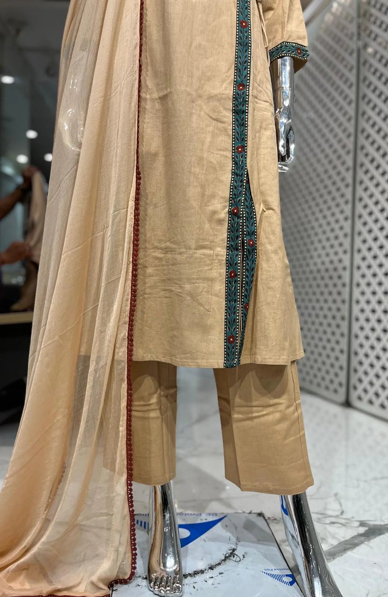 Peach Jute Cotton Angrakha Pattern 3 Piece Kurti Pant Dupatta Set for Women | Ethnic Wear
