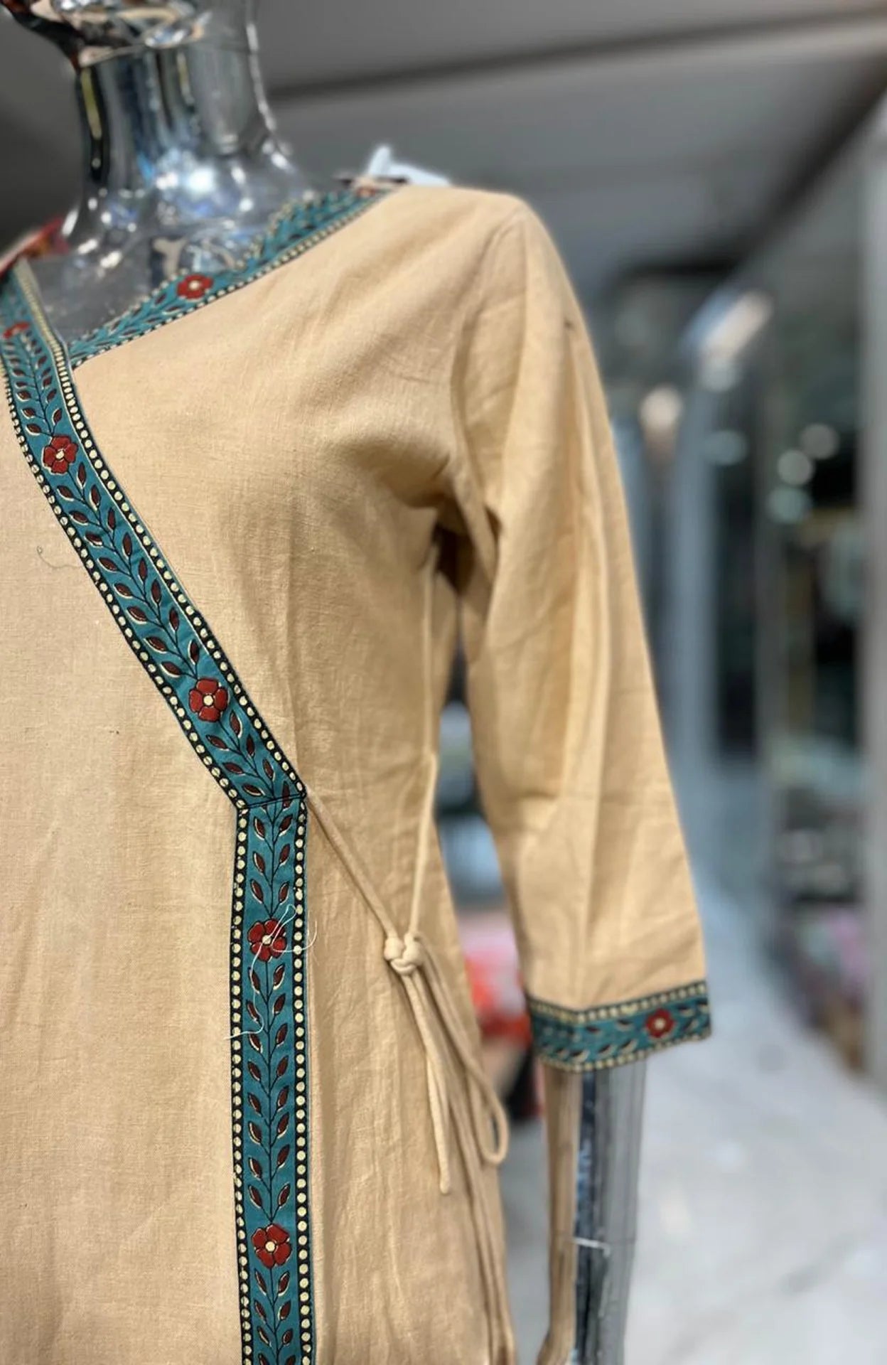 Peach Jute Cotton Angrakha Pattern 3 Piece Kurti Pant Dupatta Set for Women | Ethnic Wear