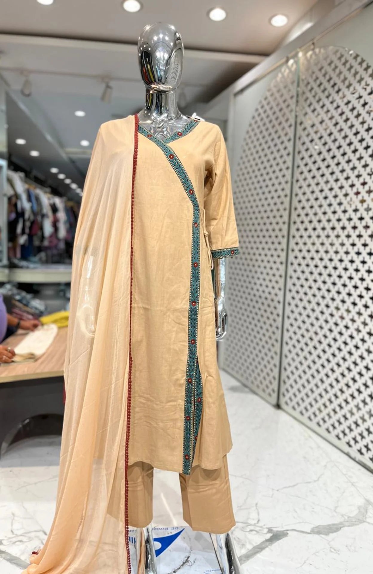 Peach Jute Cotton Angrakha Pattern 3 Piece Kurti Pant Dupatta Set for Women | Ethnic Wear