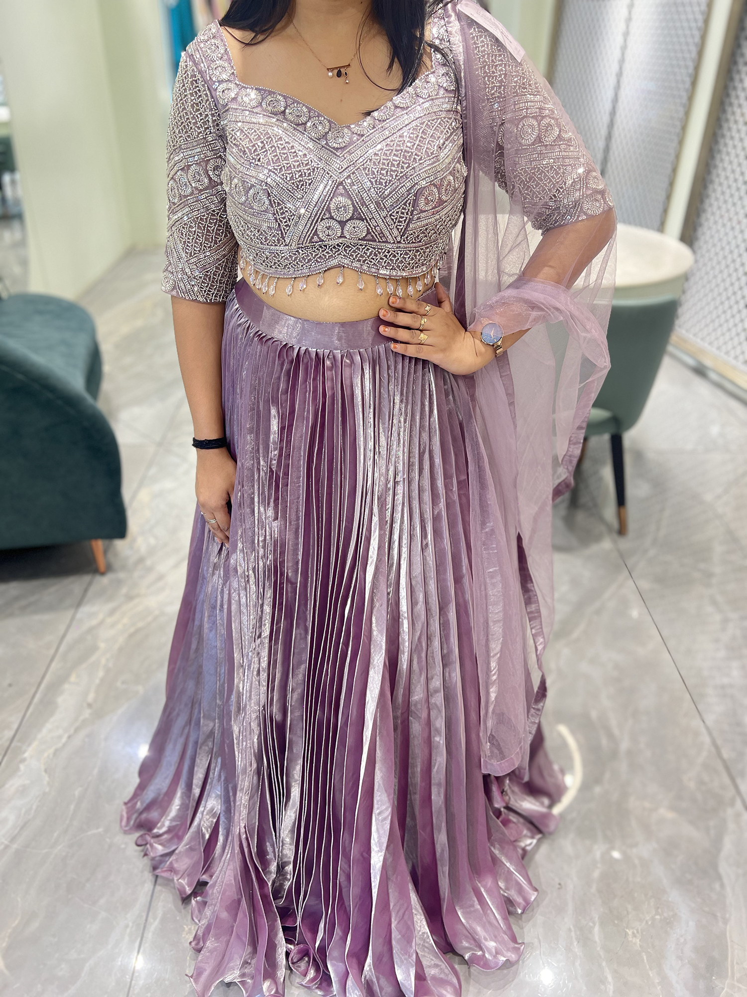 Lavender Hand Work Orgenza Silk Crop Top - CRGORI 1474 6