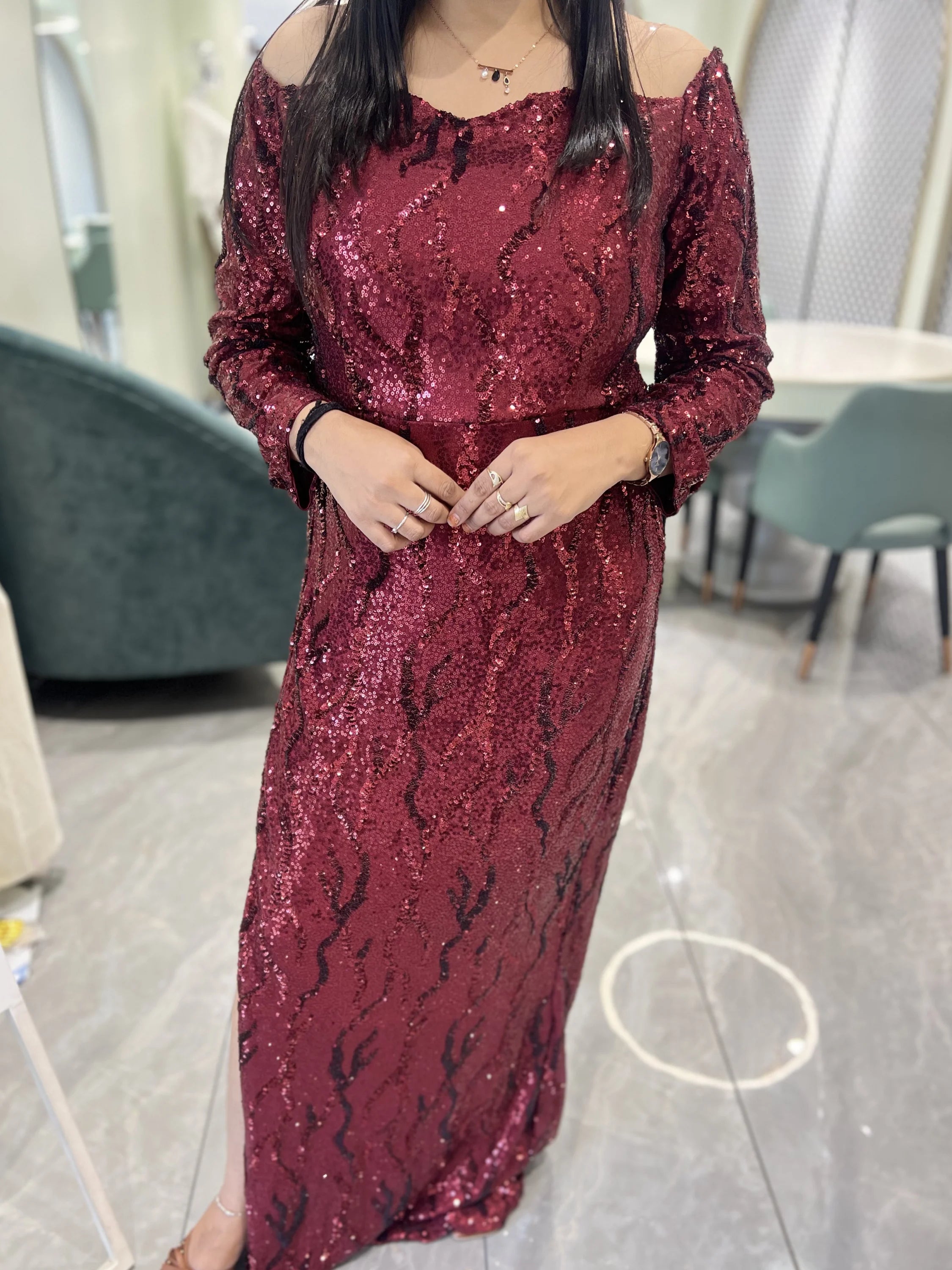 Maroon Sequin Work Sequined Fabric Western - CGORIF 567 37