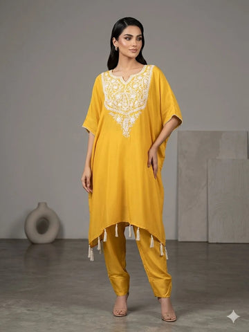 Mustard Yellow Pure Georgette Handwork 2 Piece Cord Set for Women | Designer Kaftan Co-Ord Set