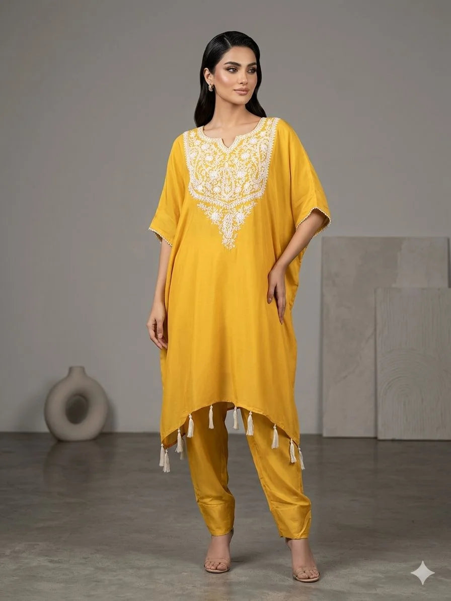 Mustard Yellow Pure Georgette Handwork 2 Piece Cord Set for Women | Designer Kaftan Co-Ord Set