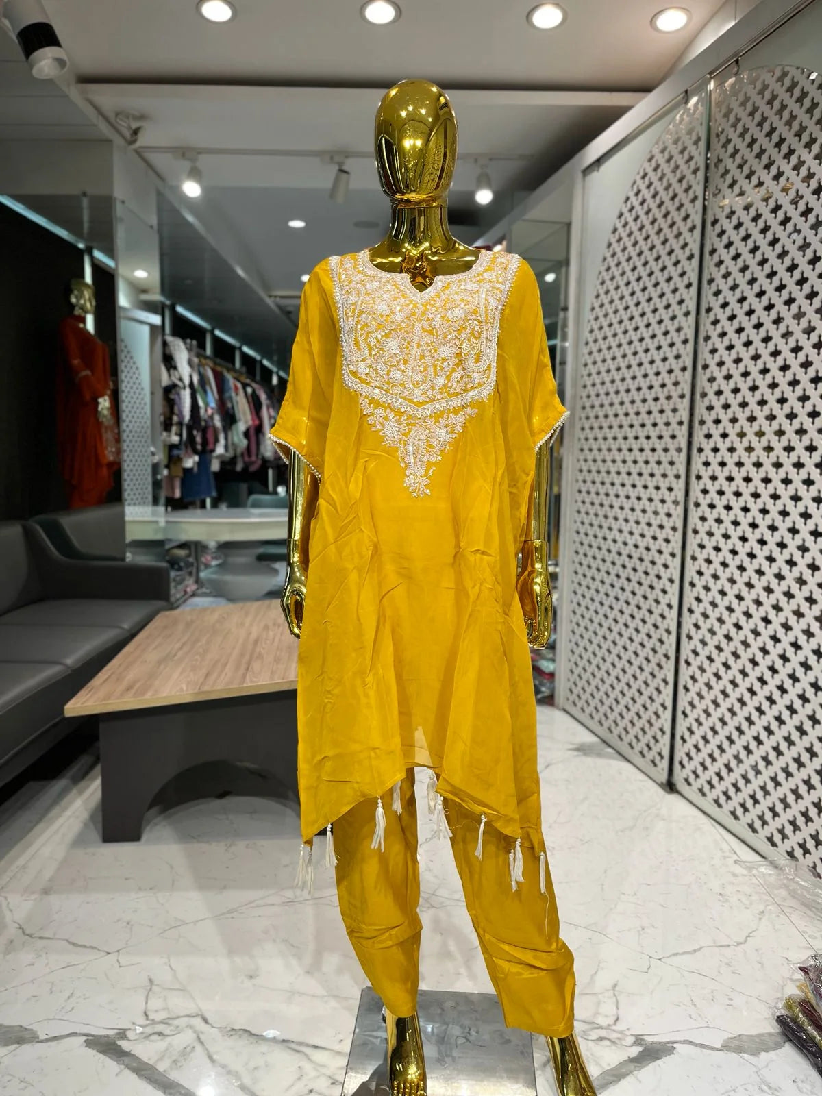 Mustard Yellow Pure Georgette Handwork 2 Piece Cord Set for Women | Designer Kaftan Co-Ord Set