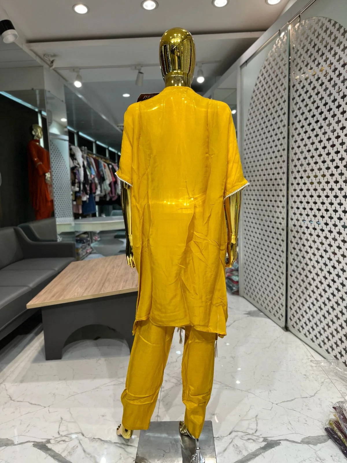 Mustard Yellow Pure Georgette Handwork 2 Piece Cord Set for Women | Designer Kaftan Co-Ord Set