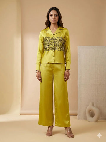 Mustard Yellow Crape Silk Embroidery Work 2 Piece Cord Set for Women | Designer Ethnic Co-ord Set