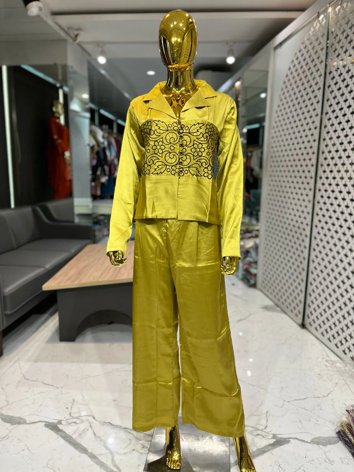 Mustard Yellow Crape Silk Embroidery Work 2 Piece Cord Set for Women | Designer Ethnic Co-ord Set