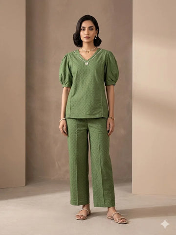 Mehandi Green Chikan Cotton Neck Handwork Two Piece Co-ord Set for Women | Designer Ethnic Wear