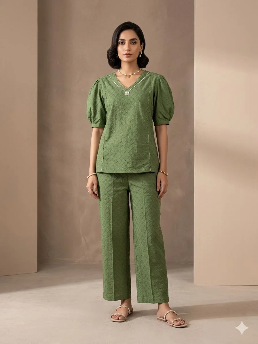 Mehandi Green Chikan Cotton Neck Handwork Two Piece Co-ord Set for Women | Designer Ethnic Wear