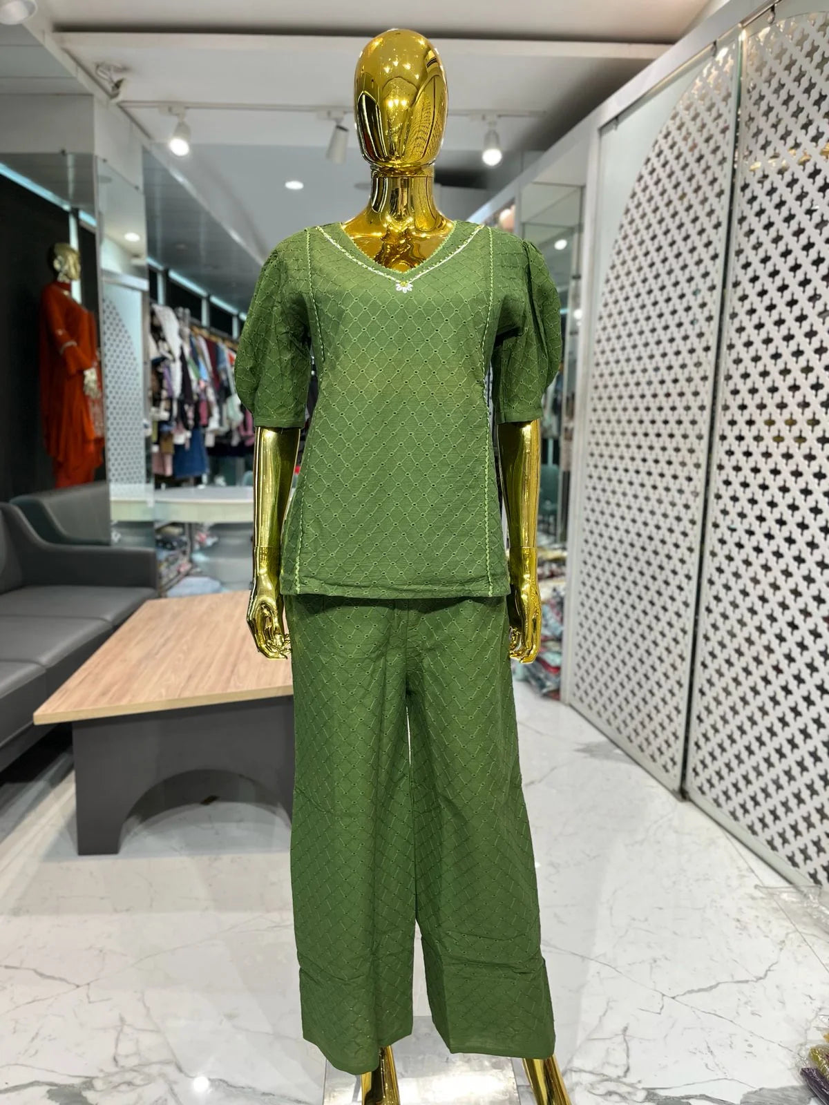 Mehandi Green Chikan Cotton Neck Handwork Two Piece Co-ord Set for Women | Designer Ethnic Wear