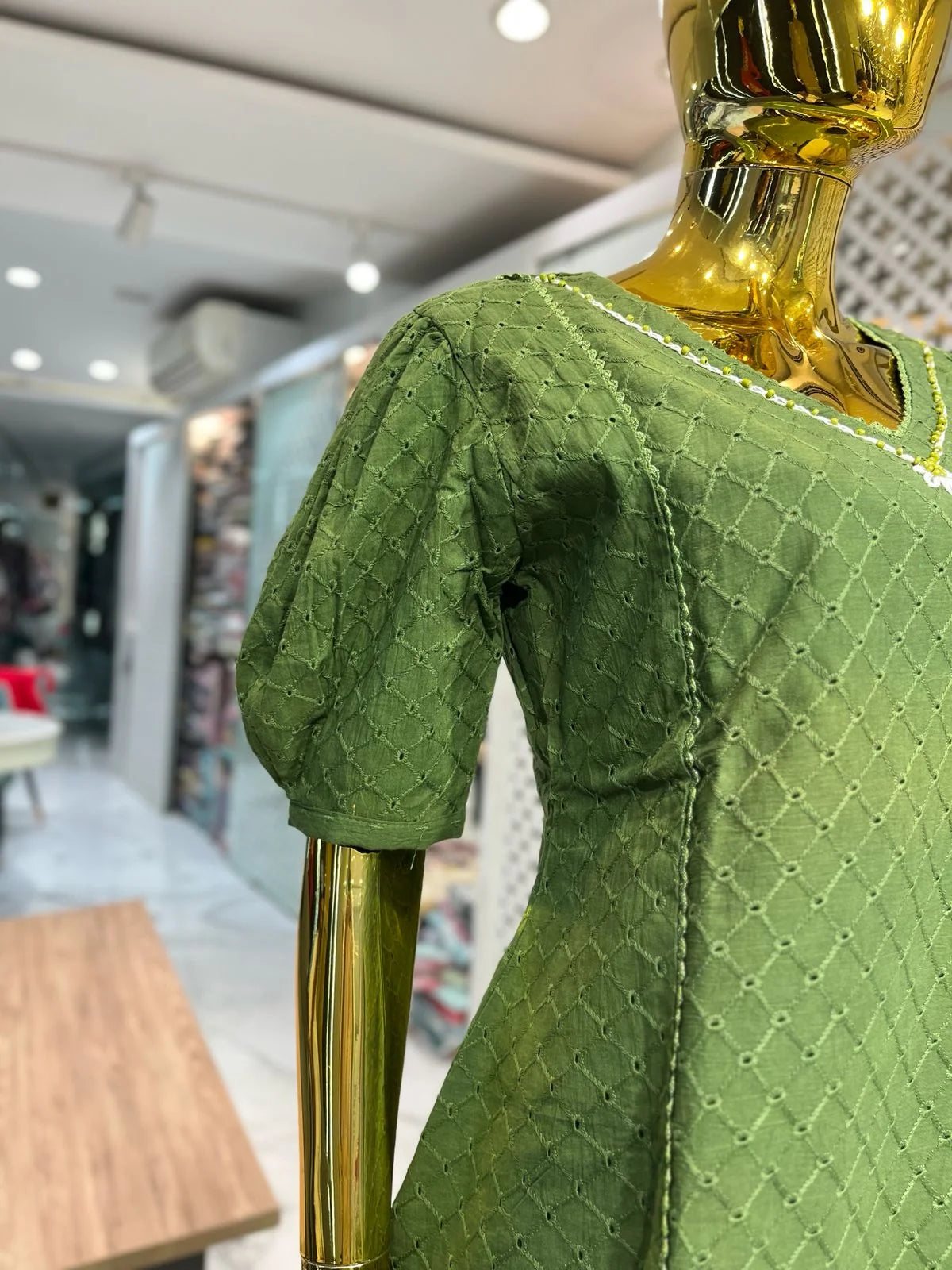 Mehandi Green Chikan Cotton Neck Handwork Two Piece Co-ord Set for Women | Designer Ethnic Wear