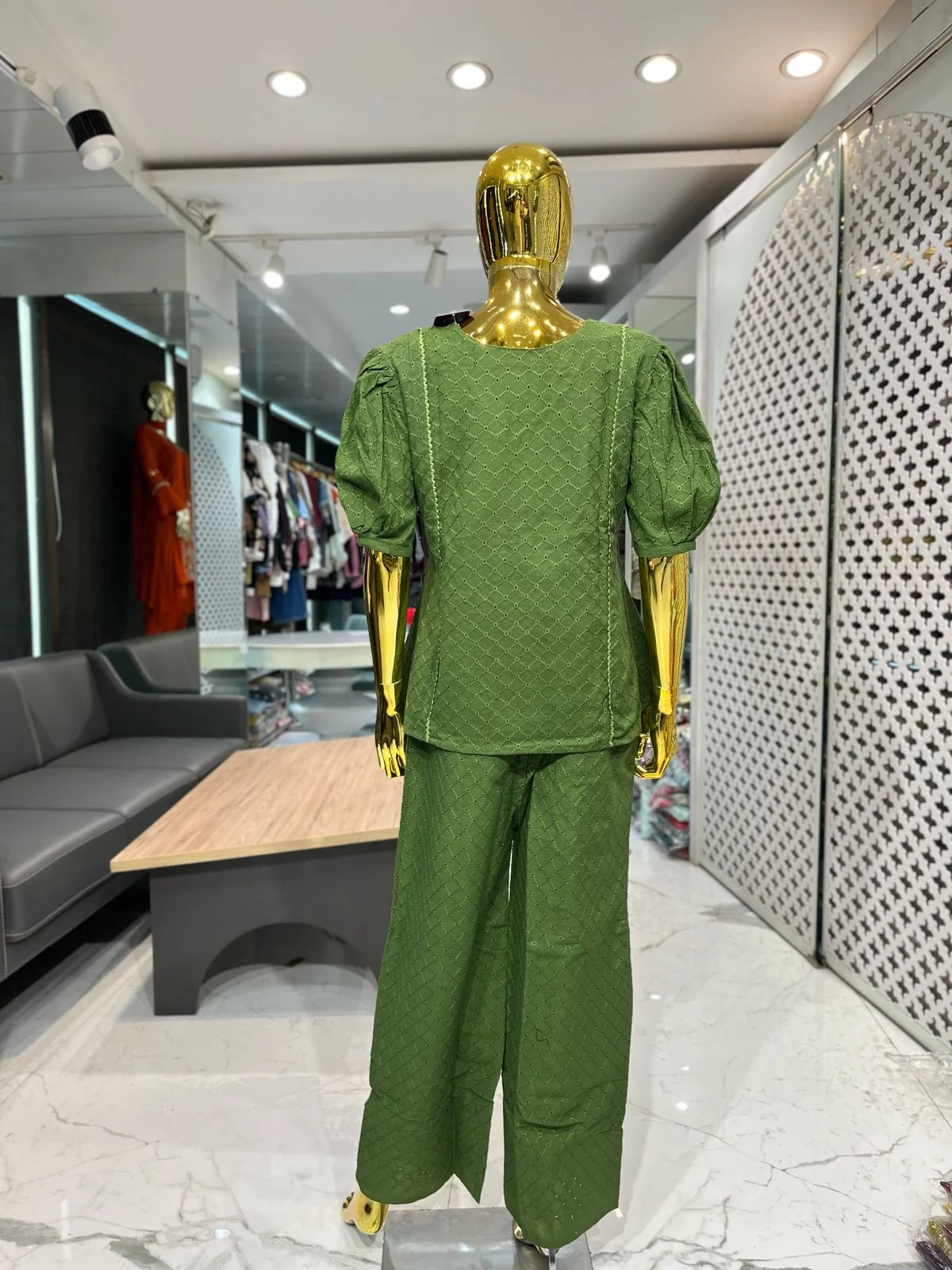 Mehandi Green Chikan Cotton Neck Handwork Two Piece Co-ord Set for Women | Designer Ethnic Wear
