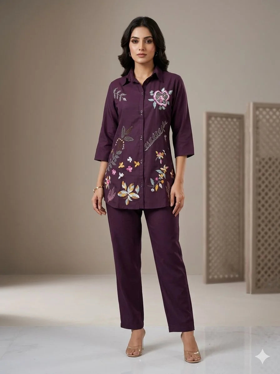 Wine & Black Pure Silk Embroidery Handwork 2 Piece Cord Set for Women | Designer Ethnic Co-ord Set