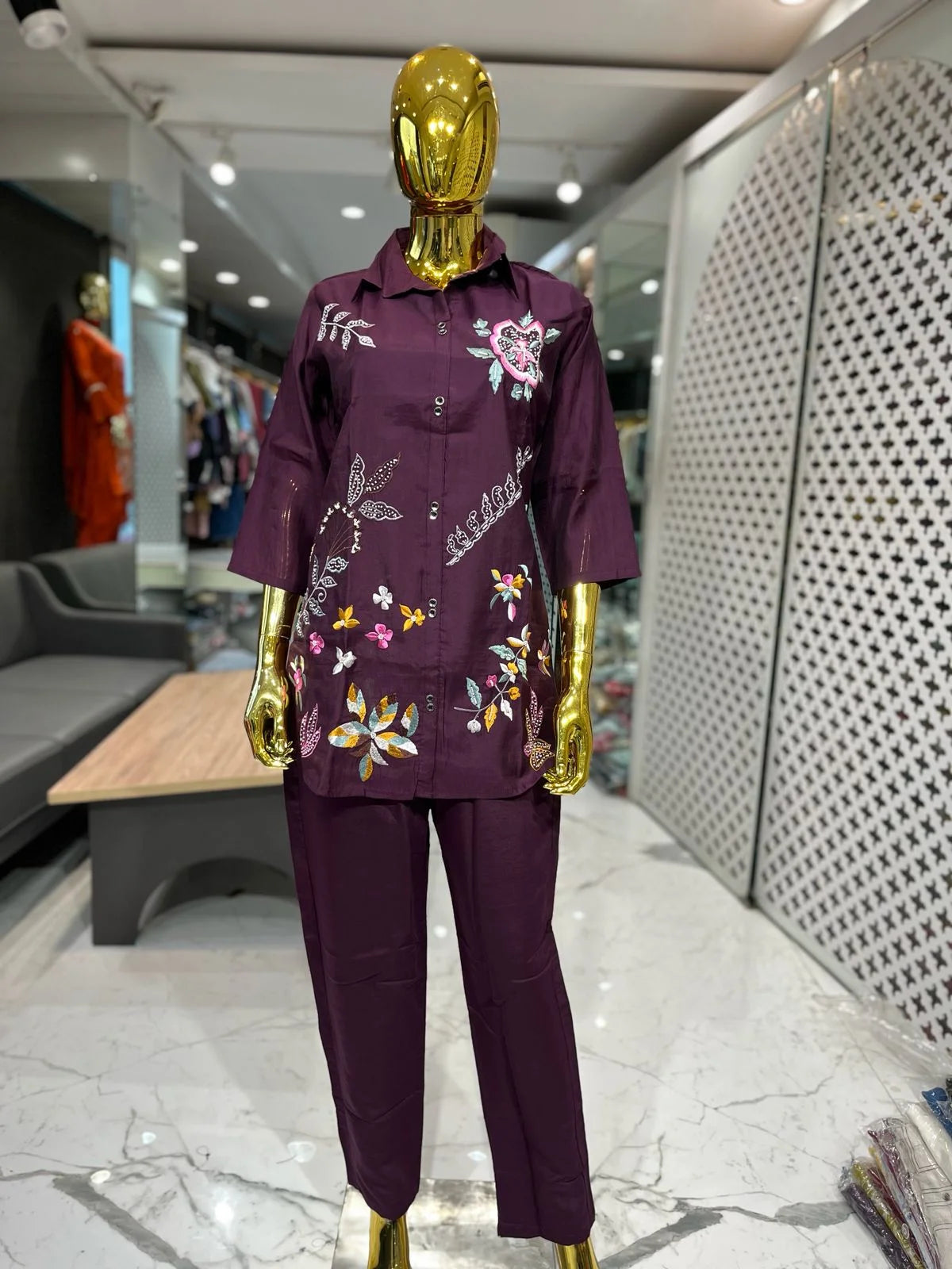 Wine & Black Pure Silk Embroidery Handwork 2 Piece Cord Set for Women | Designer Ethnic Co-ord Set